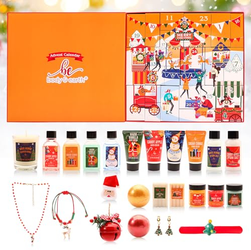 BODY & EARTH Adventskalender 2024 für Frauen, Weihnachtsgeschenke für Frauen, 24PCS Weihnachtsbad Sets mit Geschenkbox, 2 Weihnachtsbaum Ohrringe, Bubble Bad etc., Weihnachtsgeschenke für Frauen