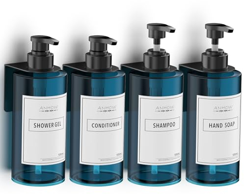 Anhow 4er Seifenspender Wandbefestigung Set, 500ml Seifenspender Wand Ohne Bohren Kunststoff Leere Pumpflasche mit 12er Kategorie Etikett für Dusche/Küche/Badezimmer - Blau