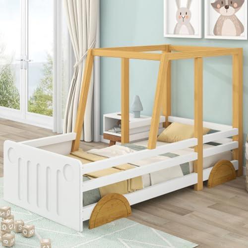 Tcewhhy Autobett 90x200cm Kinderbett Mit MDF-Rädern Holzbett Mit Absturzsicherung Und Lattenrost Bodenbett Rahmen Aus Kiefer Jugendbett Für Kinder Jugendliche Weiß + Natur