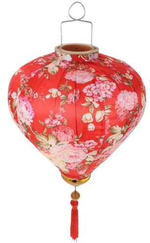 Uonlytech Asiatisch Hoi An Seide Laterne Vietnamesischer Stoff Laternen Stofflaterne Hängende Deko Laterne mit Quasten Blumenmuster für Mondfest Neujahr Frühlingsfest Garten Haustür Rot