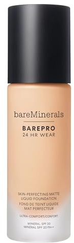 bareminerals Barepro 24HR Wear Matte Liquid Foundation Mineral SPF 20, Full Coverage Foundation Makeup for Mature Skin, Oil-Free, Vegan