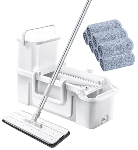 JUNYFFF Balai Microfibre Et Seau, Serpillière Plat Rotatif 360° Et Seau Auto-Lavage, Vadrouille De Mains Libre pour Nettoyage De Sol, Serpillières Réutilisables, avec 7 Tampon en Microfibre,Blanc