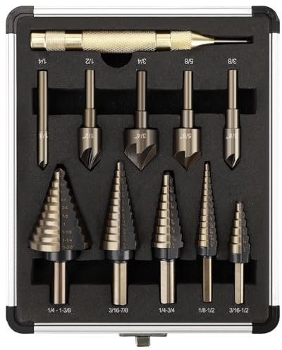 5 Pcs Step Drill Bit & 5 Pcs Countersink Drill Bit Set, Titanium High Speed Steel Step Drill Bit, 50 Sizes of Step Bits for Metal, HSS Step Bit with Aluminum Case for DIY, Multiple Hole Stepped Up Bit