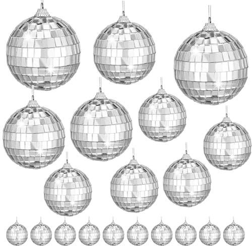 Luckwaii 20 Stück Discokugel Spiegelkugel Ø6cm, 5cm, 4cm, 3cm Silber Discokugeln mit Hängendem Ring Disco Spiegel Ball Mini Discokugel Mirrorball Glänzende für Party Lichteffekt Discokugel Deko