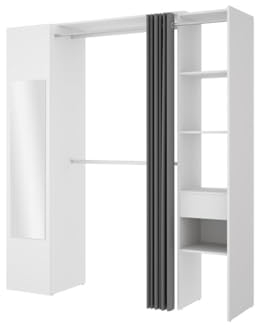 Vente-unique-Kleiderschrank mit Vorhang & 1 Tür + Spiegel - B 177 cm - Weiß und Grau - Bertrand