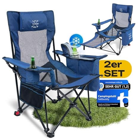 Faltbuddy® 2er Set Campingstuhl faltbar & Campingliege 2in1 180Kg [XXL Kühltasche] Kleines Packmaß I Anglerstuhl Campingsessel Strandliege