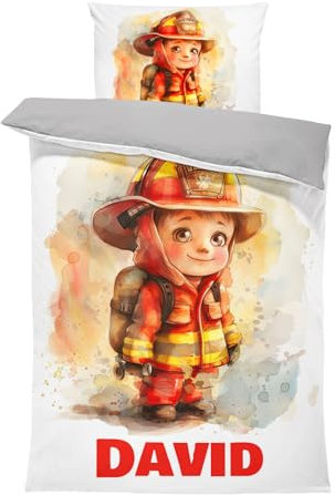 Pictogogo Feuerwehrmann-Design Jungenbettwäsche mit Namen, Personalisiert, Wählbare Baumwollunterfarbe (Weiß, Rosa, Blau, Grau), Oeko-TEX, 135 x 200 cm