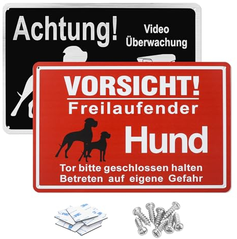 FINEASY 2 Stück Vorsicht Hund Schild, Warnung vor dem Hund Schilder, Achtung Videoüberwachung Schild, Vorsicht Freilaufender Hund Schild Metall 20 x 30cm, Innen und Außen Anwendbar