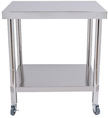 WooDerson Mesa de trabajo de cocina con ruedas, capacidad de carga 300 kg, carrito de cocina de acero inoxidable 201, 76 x 60 x 85 cm, estantería para cargas pesadas de 2 niveles, grosor de la mesa de