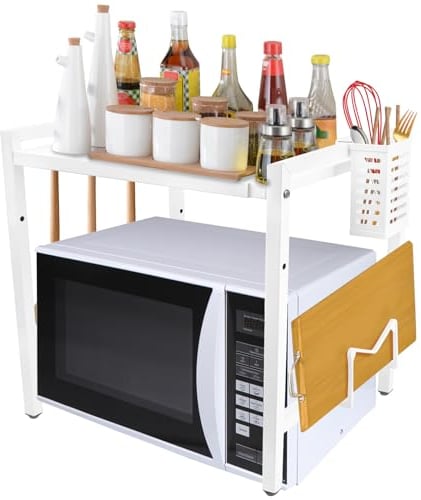 Extendable Microwave Oven Rack 2 Tier Microwave Shelf Stand 15.7-23.6inch,Kitchen Counter Organizer Shelf Stand with 6 Hooks,Microwave Storage Stand,Chopping board rack