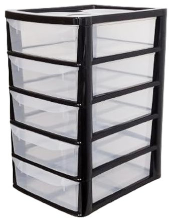 A4 Plastic Storage 5 Drawers Slim Mini Tower Unit Trolley 5 Tiers Cabinet | Office Desktop Tabletop Home School Garage Portable Desk Organizer (A4 Plastic Small Black/Clear)