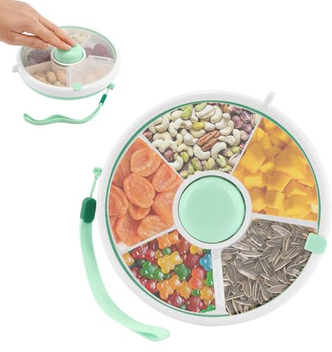 Behiruch Snack Spinner, Snackbox Kinder mit Fächern, Rotierender Snackteller mit Deckel, Tragbare Snack Box, Runde Snackboxen für Outdoor Familie Party (Grün)