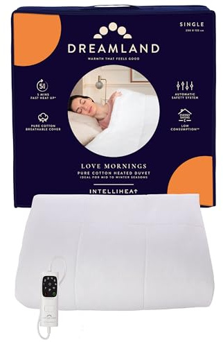 Dreamland Love Mornings Heated Duvet – Pure Cotton Cover, Single Size 200×135cm, 6 Heat Settings, Rapid Heat-Up, 1 Detachable Control & Auto Safety Shut-Off, All-Season Use Electric Blanket