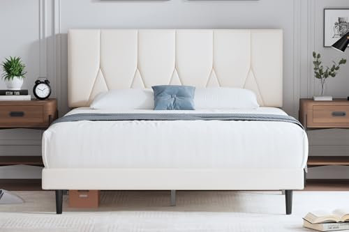 Yocreat Polsterbett 160 x 200 cm Bettgestell Doppelbett Bettrahmen mit Kopfteil, Stoffbett mit Lattenrost, Einfache Montage, Beige