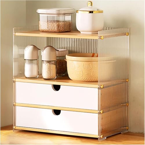 PRMTYUP Aufbewahrungsschrank Für Küchenarbeitsplatten, Holz-Küchenarbeitsplatten-Organizer Mit Acryl Tür, Küchen-Gewürz-Vorratsschrank-Sideboard,Weiß,C