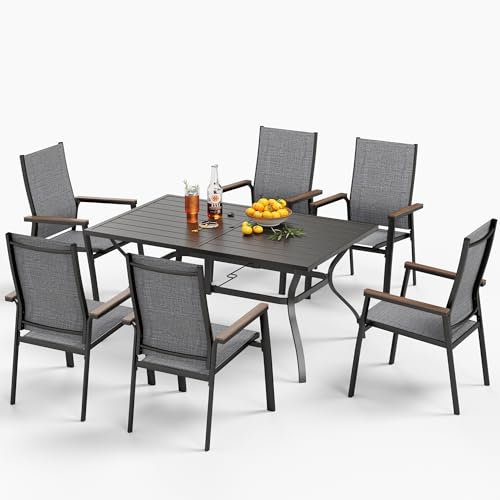 MFSTUDIO 7 Piece Outdoor Dining Furniture Set, 6 Aluminium Patio Dining Chairs and 150cm Rectangular Metal Slat Table, 4cm Umbrella Hole, Textilene Outdoor Stackable Chairs with Wood Like Armest