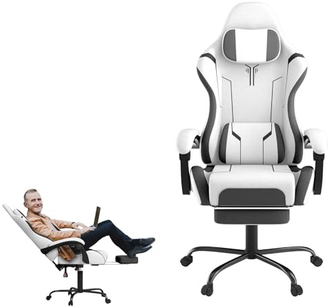 LZQ Chaise de gaming avec massage, chaise de jeu ergonomique avec repose-pieds télescopique, appui-tête et coussin lombaire de massage, dossier réglable de 90 à 135 °, noir et blanc