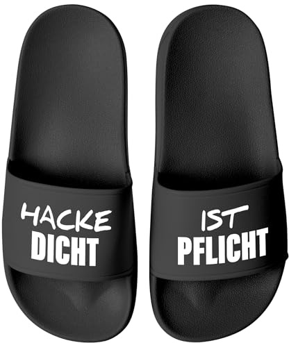 MoonWorks® Badeschlappen Badelatschen Unisex mit Aufdruck Hacke Dicht ist Pflicht Bedruckt Herren Damen Badeschuhe Männer Frauen Geschenk Schwarz-schwarz 39