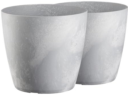 Tymar Set di 2 vasi per piante in plastica, moderni, opachi, forma rotonda (cemento, ø 16 cm)