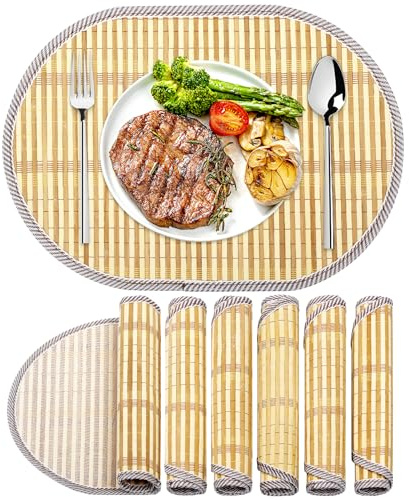 fanquare Bambus Tischsets 6er Set, Rustikale Japanische Stil ovale gewebte Platzsets mit Stoff Grenze Waschbar Hitzebeständig Platzsets für Küche Esszimmer