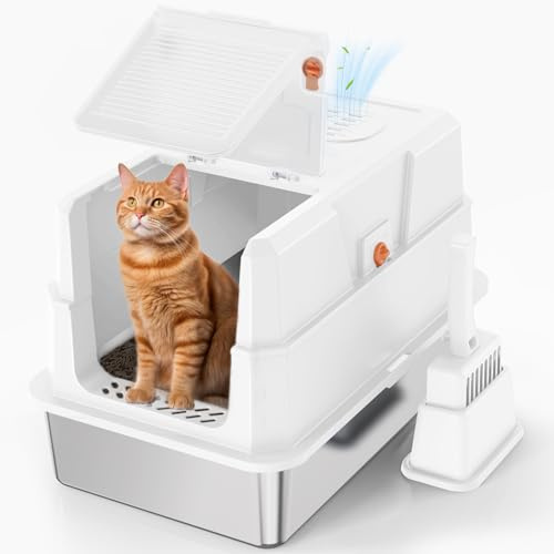 SZEE Cat Litter Tray for Cats Up to 6kg, Stainless Steel Cat Litter Tray with Lid, Easy to Clean, Spacious for Pets, Space-saving for Homes - White