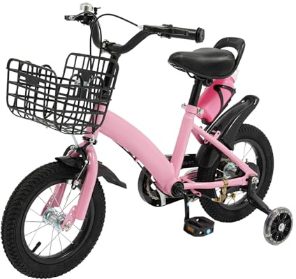 GXSFLG 12 Zoll Kinderfahrrad, mit Stützrädern, Korb & Wasserflasche in Rosa, Für Jungen & Mädchen ab 2-5 Jahre, Höhenverstellbarer Sitz Lenker, Upgraded Design mit Kettenschutz Rutschfesten Reifen