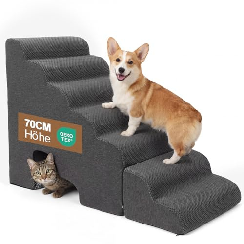 Hundetreppe 70cm Hoch, 6 Stufen Hunderampe für Boxspringbett, Couch | 30D-Schaumstoff rutschfeste Haustiertreppe/Rampe für kleine/verletzte Hunde, Katzen, Farbe in Grau