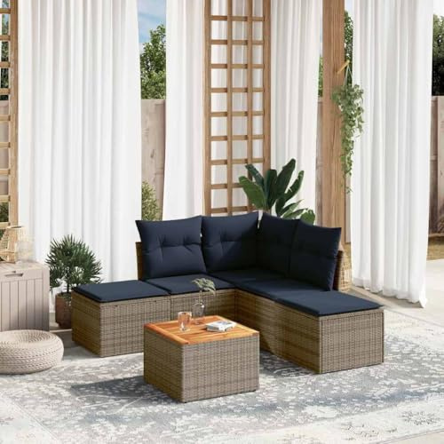 Yunovire 6-teiliges Gartensofa-Set, Grau Polyrattan, Modulares Outdoor Lounge Möbel mit Stauraum, Akazienholz Tisch, UV-beständig für Terrasse & Balkon