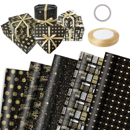 5er-Set Geschenkpapier Schwarz Gold Set 70x50cm Packpapier mit Doppelseitigem Klebeband & Geschenkband Gift Wrapping Paper Geschenkverpackung für Weihnachten, Geburtstag, Hochzeit, Jubiläum (B)