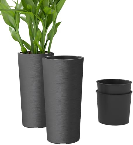 Outsunny Lot de 2 Pots de Plantes Empilables Hautes, 60 cm Gris Foncé | Jardinières en Plastique, avec Bac Intérieur, Trous de Drainage, pour Jardin Patio ou Entrée