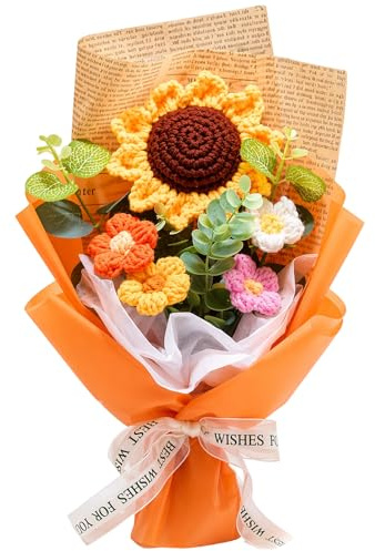 PWCTNT 1 Bündel Gehäkelte Blumen, Handgefertigter Blumenstrauß für Geburtstag Abschlussfeier Jubiläum Hochzeit, Künstliche Sonnenblumen Häkelblumen Dekoration