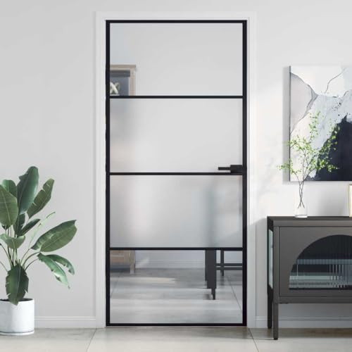 Runheo Puerta interior fina negra 93 x 201,5 cm con cristal templado y marco de aluminio, hoja de puerta robusta para vivienda, doble cara con asa y material de fijación