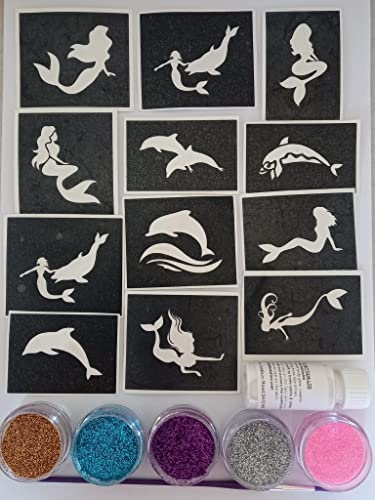 Dolphin & Mermaid glitter tattoo set including 30 stencils + glitter + glue Ariel