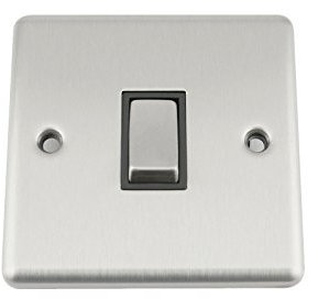 A5 Wall Light Switch Single 1 Gang Satin Brushed Chrome Classic - Black Insert - Metal Rocker Switches - 10A 1 Gang 2 Way