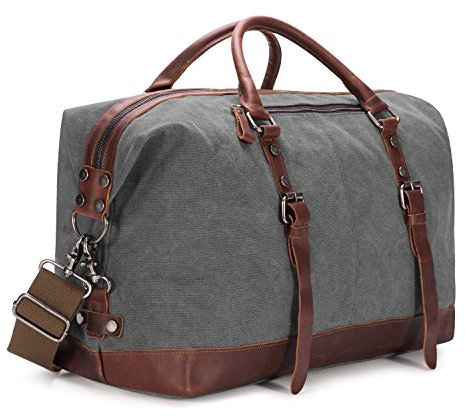 BAOSHA HB-14 Vintage Segeltuch Canvas PU Leder Unisex Handgepäck Reisetasche Sporttasche Weekender Tasche für Kurze Reise am Wochenend Urlaub Arbeitstasche 40 Liter Aktualisiert (Grau)