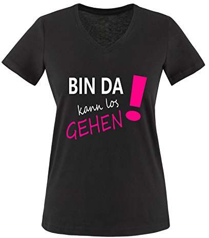 Comedy Shirts - Bin da kann los gehen! - Damen V-Neck T-Shirt - Schwarz/Weiss-Pink Gr. L