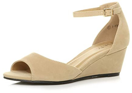 Womens Ladies Low mid Wedge Heel Ankle Strap Casual Evening Sandals, 5 UK, Nude Suede