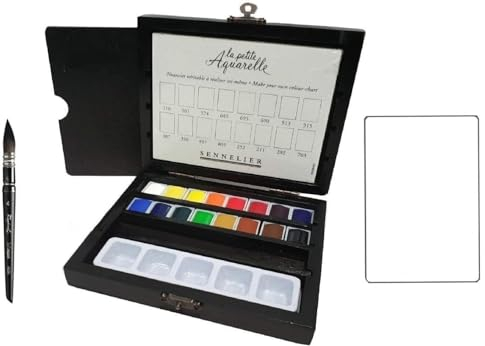 Sennelier Boîte de Peinture Aquarelle 16 demi-godets Coffret en bois Pinceau + Raphael SÉRIE 8056 N°4 ET 1 cartes postales aquarelle