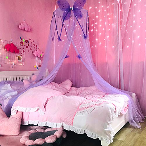 Baldachin für Mädchenzimmer, rund, kuppelförmig, Schmetterlingsmotiv, leichtes Netz, Kinderbett, Moskitonetz zum Aufhängen, Prinzessin, Hellviolett