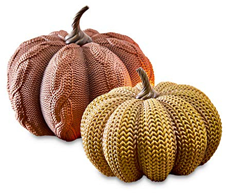 Loberon Kürbis 2er Set Loriana, Zwei Größen, handbemalter Kunststein, täuschend echte Strickoptik, Dekoration, Deko-Objekte, Polyresin, orange/gelb