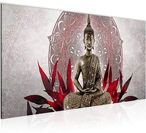 Runa Art Wandbild Buddha 1 Teilig 100 x 40 cm Modern Bild auf Vlies Leinwand Orientalisch Wohnzimmer Schlafzimmer Grau Rot 031212a