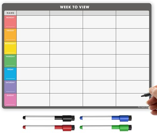 TMS A4 Magnetic Weekly Planner Whiteboard for Fridge | Dry Wipe Meal Planner, Calendar or Memo Board | Plan Family or Business Tasks | Dry Erase to Do List Magnet | with 4 Dry Erase Pens [30 x 21cm]