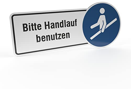 Betriebsausstattung24® Hinweisschild Bitte Handlauf benutzen | Aluminium- Verbundplatte (BxH): 30,0 x 13,0 cm | Befestigungsart: Zum Verkleben oder Verschrauben | Sicherheitshinweis