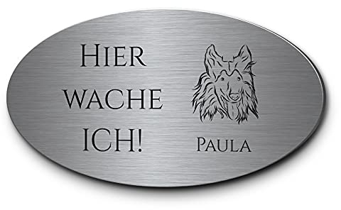 Warnung vor dem Hund Schild personalisierbar Langhaarcollie Collie Vorsicht Hund Hier wache ich | Gravur auf Edelstahl oval 15x8 | Hinweisschild wetterfest für draußen Hundezubehör