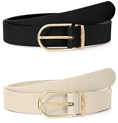 SUOSDEY 2er-Pack Ledergürtel für Damen, modischer Jeansgürtel mit goldener Schnalle, 2,8 cm breit schwarz beige