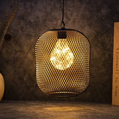 TRIROCKS Metal Battery Operated Hanging Lantern with 6-Hour Timer Mesh Cage Decorative Pendant Lamp with Warm Fairy Lights Bulb for Home Living Room Garden Outdoor (Black)