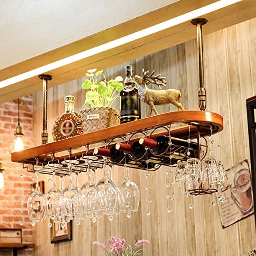 ZXFDM Rustic Wood Floating Shelves,Stemware Rack Hanging Glass Racks,Stemware Holder Wine Glass Rack,Simple Style Wood Hanging Wine Glass Rack Ceiling Decoration Shelf,Brass,100x28cm