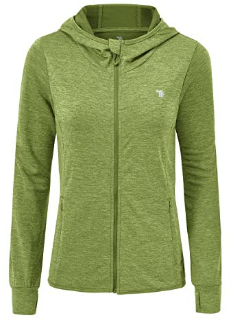 donhobo Damen Sportjacke Laufjacke voll Reißverschluss Leichte Atmungsaktiv Trainingsjacke Langarm Fitness Yoga Hoodie Jacke mit Daumenloch (Frucht Grün, M)