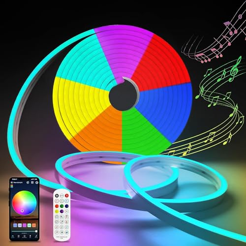 MMEEVT Neon LED Strip 5m, IP67 Wasserdicht Flexible RGB Neon Led Strip mit App Steuerung und Musik Sync, Silikon DIY Led Strip Licht für Schlafzimmer, Zimmer und Outdoor Dekoration