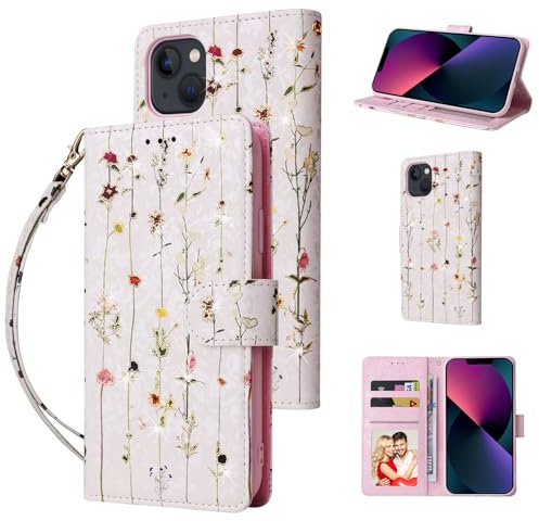 UEEBAI Wallet Case for iPhone 13 6.1 inch, PU Leather Phone Case Kickstand RFID Blocking Flip Case with Card Slots Wrist Strap Relief Engraved Pattern Magnetic Closure Folio Case - Vine